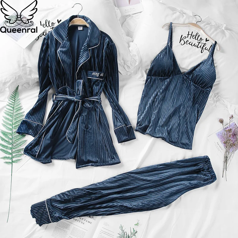 

Queenral 3PCS Gold Velvet Warm Winter Pajamas Sets Women Sleepwear Sexy Lace Robe Pijamas Nightwear Pyjama Femme Nightie