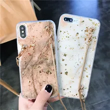 Funda de tpu con correa de cadena de mármol y lámina dorada para iphone X XR XS MAX 7 8 6 6S plus, funda de silicona blanda con brillo