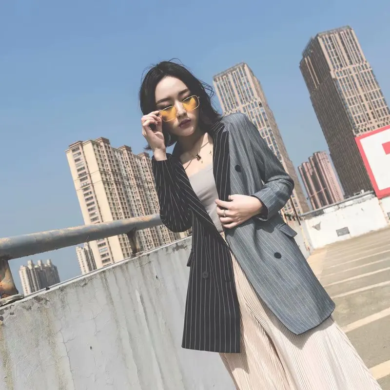 

[EWQ] 2019 Spring Autumn New Pattern V-collar Long Sleeve Striepd Patchwork Hot Colors Double Breasted Vintage Suit Coat AG70301L