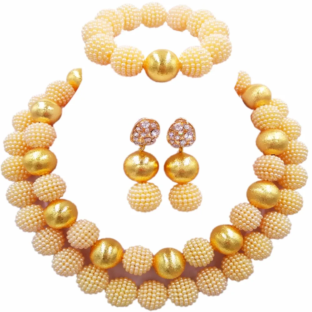 

Beige Simulated Pearl Beads African Jewelry Set 2017 Nigerian Wedding Necklace Sets 2PLS02