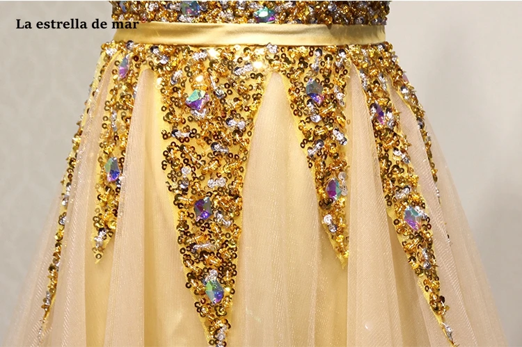 Vestido de formatura longo2018 Новое фатиновое Кристалл Сексуальная Милая Линия Игристые золотые платья для выпускного вечера Большие размеры Гала