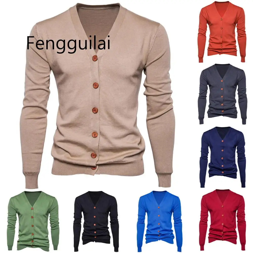 

Autumn Men Sweater Casual Button V-neck Sweaters Long Sleeve Cotton Knit Cardigan Slim Fit Pull Homme Multicolor