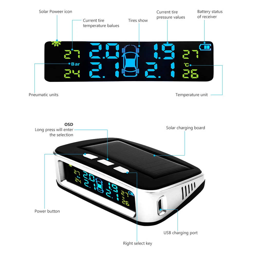 AOSHIKE беспроводная система контроля давления в автомобильных шинах TPMS ЖК-дисплей на солнечных батареях 4 внешних датчика Температурная сигнализация