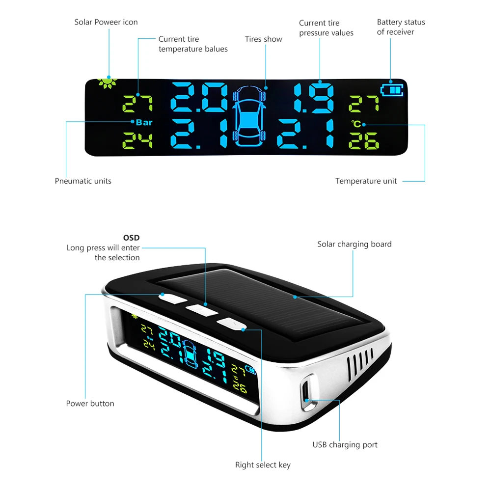 AOSHIKE Wireless Car Tire Pressure Alarm Monitor System TPMS LCD Display Solar Powered Car 4 External Sensor Temperature Alarm AOSHIKE Wireless Car Tire Pressure Alarm Monitor System TPMS LCD Display Solar Powered Car 4 External Sensor Temperature Alarm
