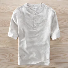 Летние новые вышитые, льняные рубашки для мужчин с коротким рукавом Стенд воротник модная мужская рубашка Лен большой размер camisa social masculina