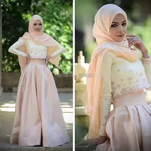 Two Pieces Muslim Prom Dresses 2017 Hijab Long Sleeves Saudi Arabia Style Party Gowns A line Lace Satin Prom Gowns with Flowers