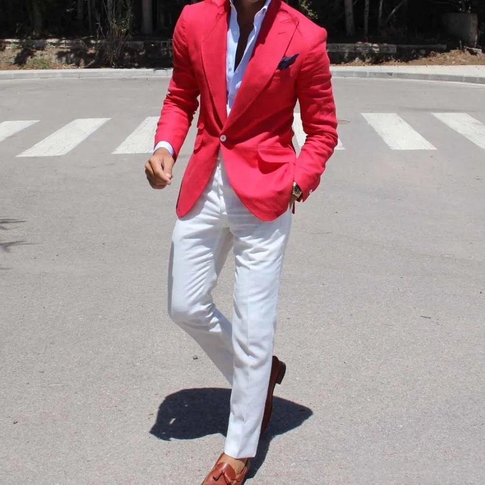 red suit jacket white pants