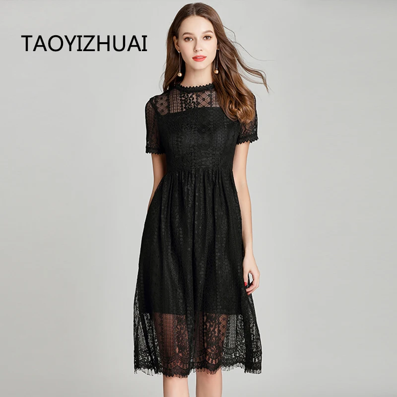 

TAOYIZHUAI Summer New Arrival Black Casual Style Plus Size Patchwork Half Sleeves O Neck Elegant Lace Dress For Women 11692