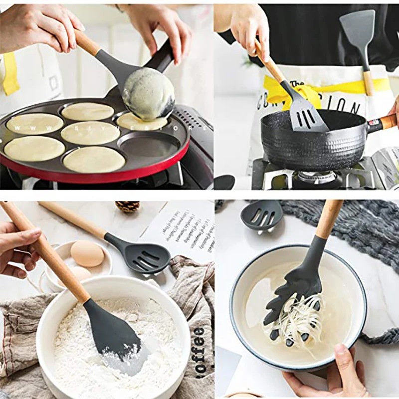 Food Grade Silicone Wood Handle Cooking Utensils Cookware Kitchen Cooking Tools Spatula And Ladle kitchen utensils