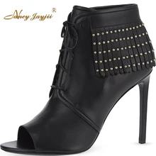 Заклепки открытым носком Fringle ботильоны женский, черный из искусственной кожи обувь со шнуровкой на толстой подошве женские Большие размеры 5 14 zapatos mujer NancyJayjii