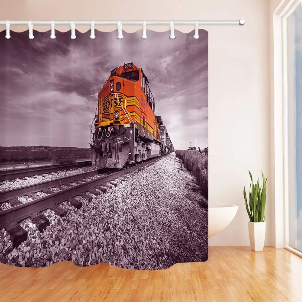 Rail in Vintage Bath Curtain Retro Train Driving Toward Distance Mildew