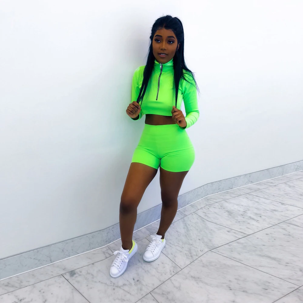 

XLLAIS Summer Neon Green High Street Two Piece Sets Women Long Sleee Zippers Pullovers and Tight Shorts Matching Sets Tracksuits