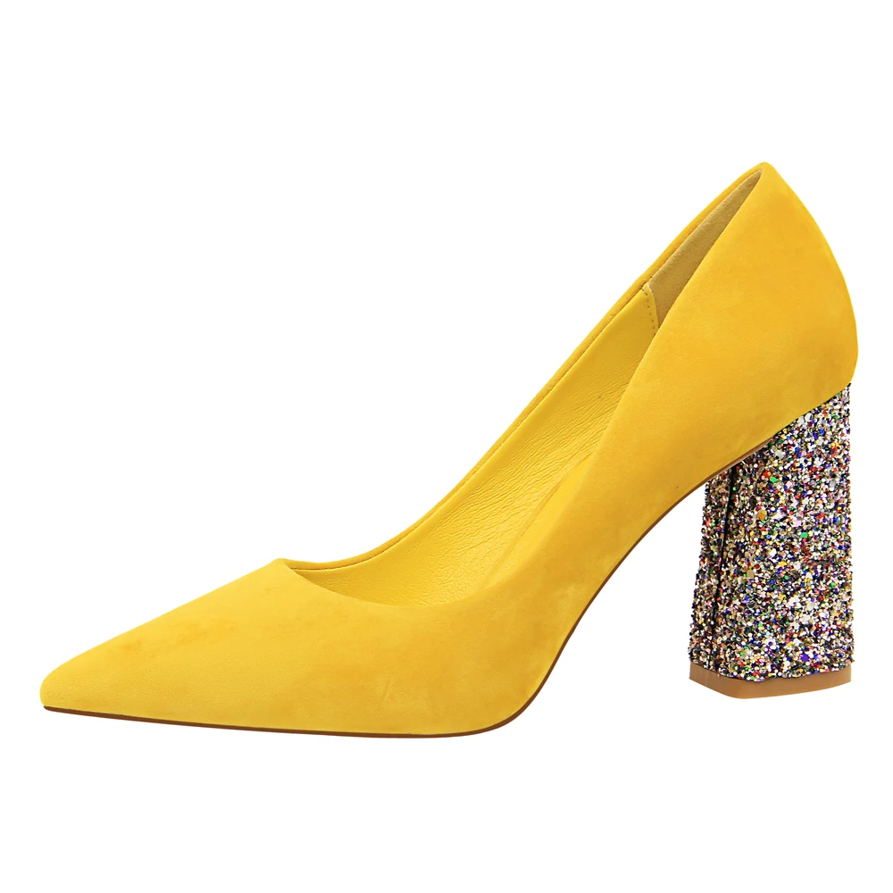

Luxury 2019 Crystal Bling Elegant Flock Women Square Heels Pumps Yellow Pink Black Pointed Ladies Evening Party Shoes G0021