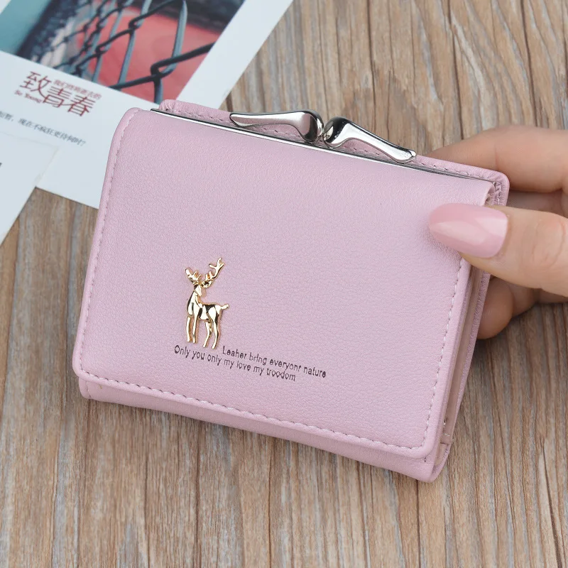 Милый женский мини-кошелек с оленем, короткий кожаный кошелек для девушек, складные кошельки, клатч, Pu держатель для карт, женские кошельки в стиле ретро, Portfel Damski - Цвет: Pink