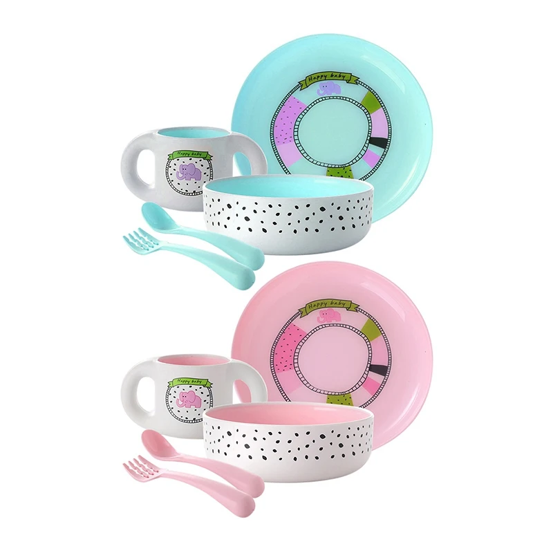 

New Plastic Dinnerware Set 5pcs Baby Feeding Bowl Service Plate Forks Spoon Cup Dinnerware Set Kids Tray Tableware Dishes