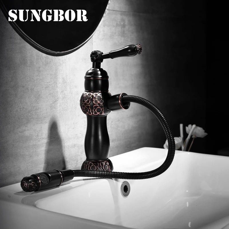 

Pull Out Faucets Black Color Deck Mounted Bathroom Basin Faucet Hot Cold Water 360 Degree Rotation Bathroom Sink Mixer Taps