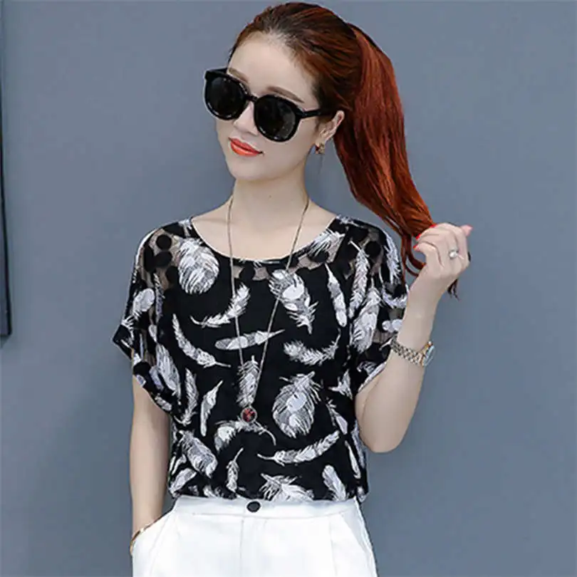 

Hollow Out Women Spring Summer Style Chiffon Blouses Casual Flower Leaf Feather Printed Chiffon Blusas Tops Feminina 2018 DD1512