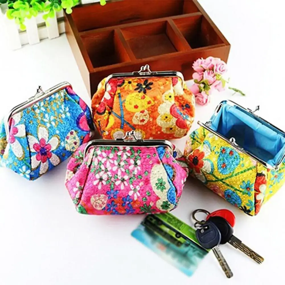 

Vintage Floral Print Kiss Clasp Women Mini Pouch Money Bag Wallet Coin Purse children's handbags for girls