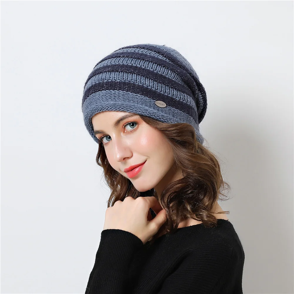 9-Beanies Women Winter Hat Headwear Knit Cap Wool Stripe Slouchy Warm Soft Plaid Casual Outdoor Ski Skullies Accessory (13)