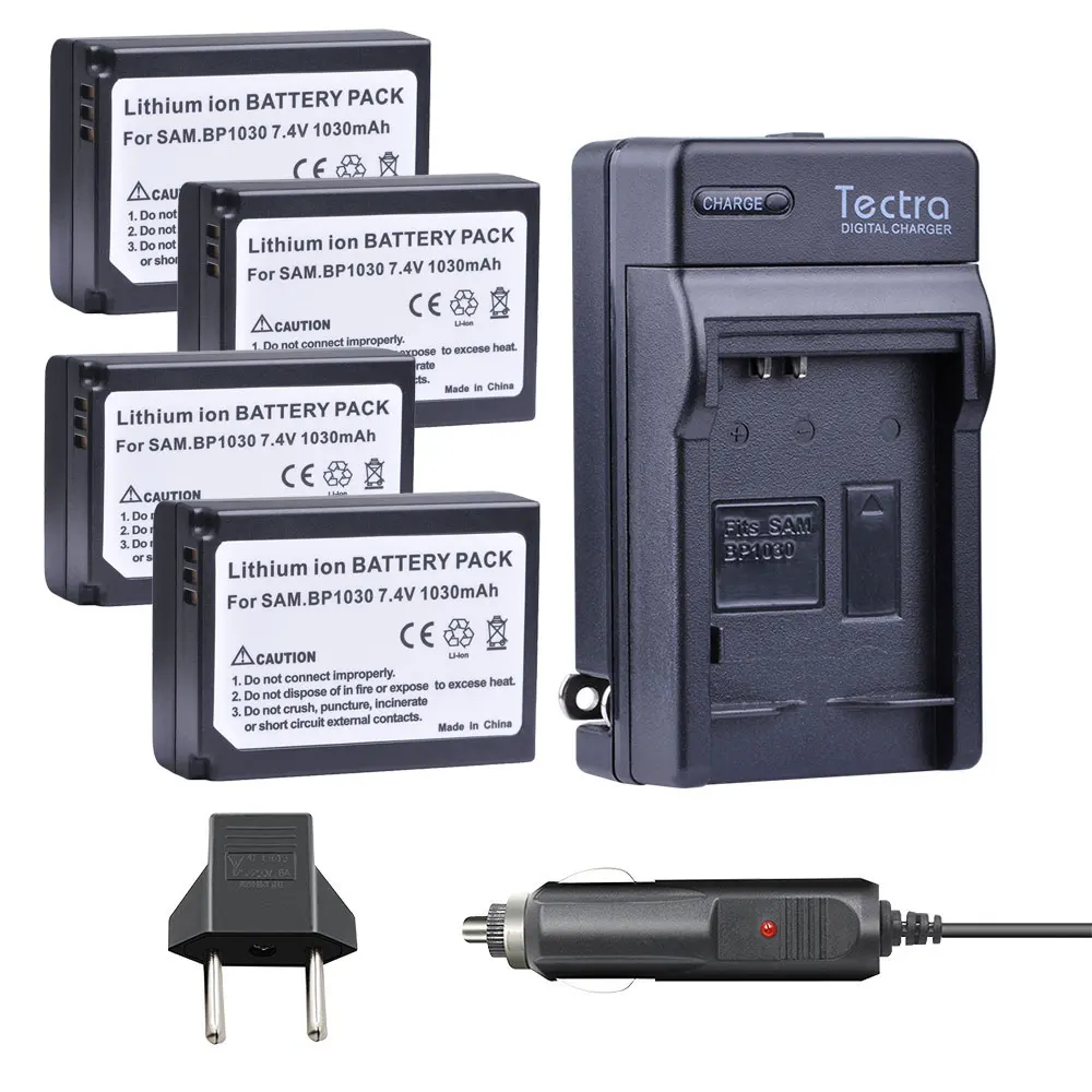 Tectra 4 шт. BP-1030 BP 1030 BP1030 Батарея+ автомобиля Зарядное устройство для samsung NX200 NX210 NX300 NX500 NX1000 NX1100 NX-300M Батарея