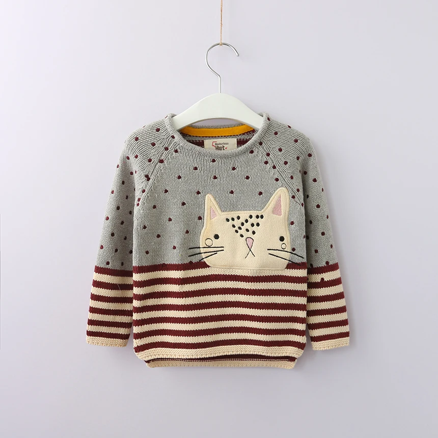 Girls Sweaters Cute Cartoon Cat Autumn Winter Polka Dot Striped