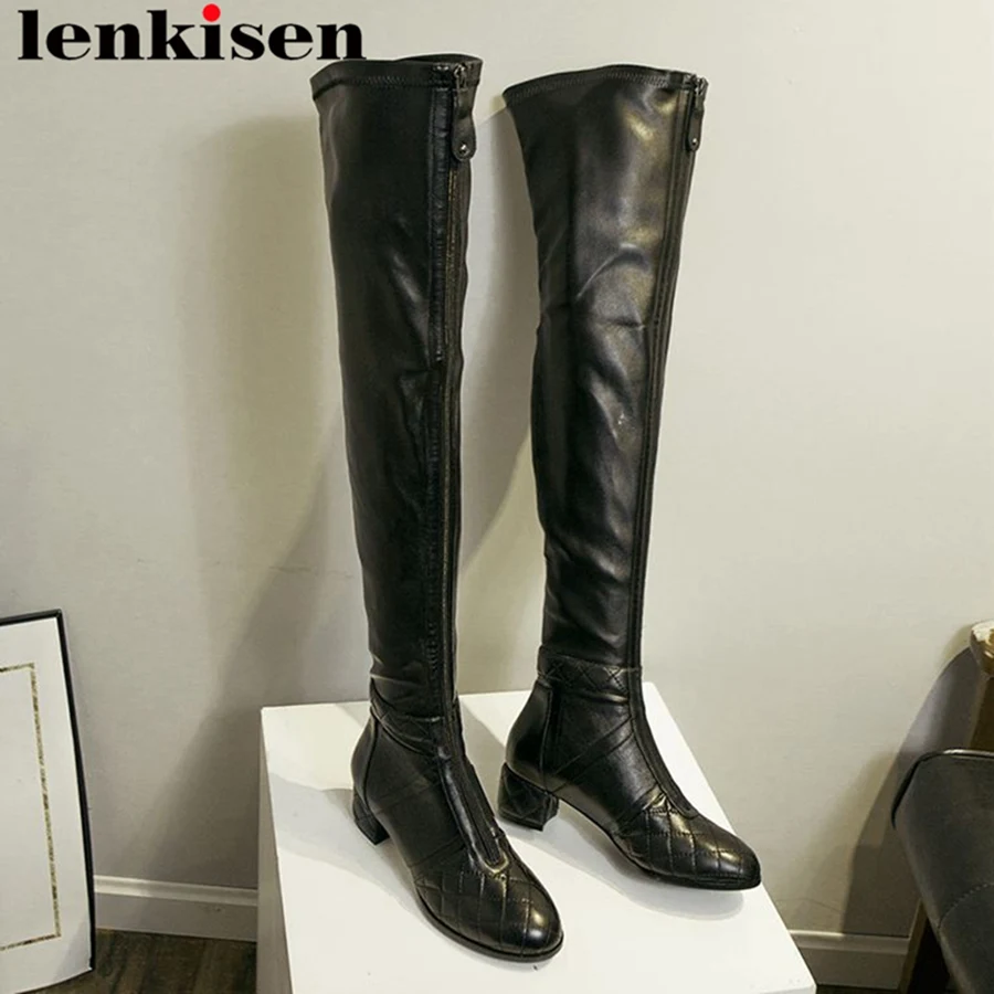 

Lenkisen patchwork sheep leather zip round toe square low heels solid high street fashion dress women over-the-knee boots L75