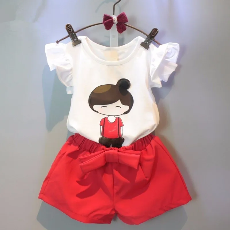 Baby Children Clothes Sets 2018 Girls Fly Sleeve Flower Cotton Shirt + Shorts Summer Set Sport Belt Print Letter Clothes k1 19