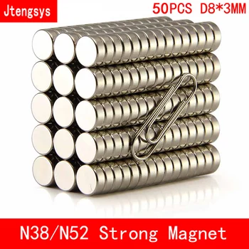 

Jtengsys 50pcs n38 n52 Neodymium magnet 8x3 Rare Earth small Strong Round permanent 8*3mm fridge plate nickle magnetic DISC