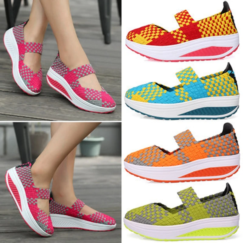 SWYIVY Women Slimming Shoes Woven Breathable Slip-on Sneakers New Wedge Height Increasing Female Toning Swing Shoes