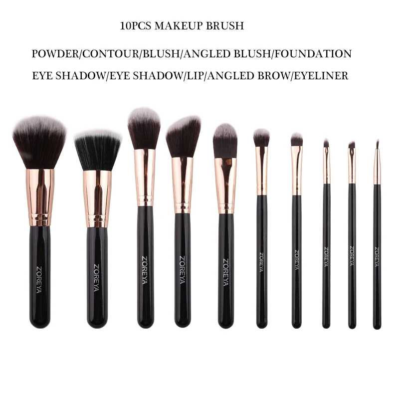 ZOREYA Soft Synthetic Hair Fibers Makeup Brush Tool Set Large Foundation Contour Blush Powder Eye Shadow Make Up Brushes Black - Handle Color: 10pcs