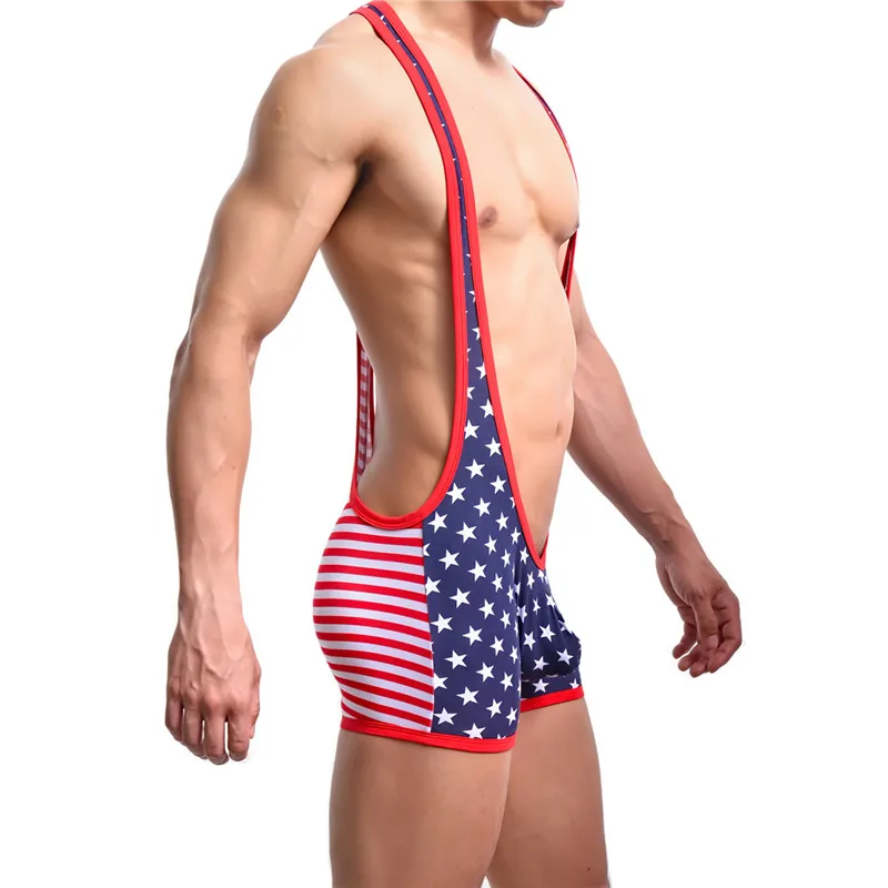 Yufeida مثير الرجال كمال الاجسام المصارعة القميص القطن بذلة يوتار ارتداءها قطعة واحدة usa flag stars المشارب داخلية