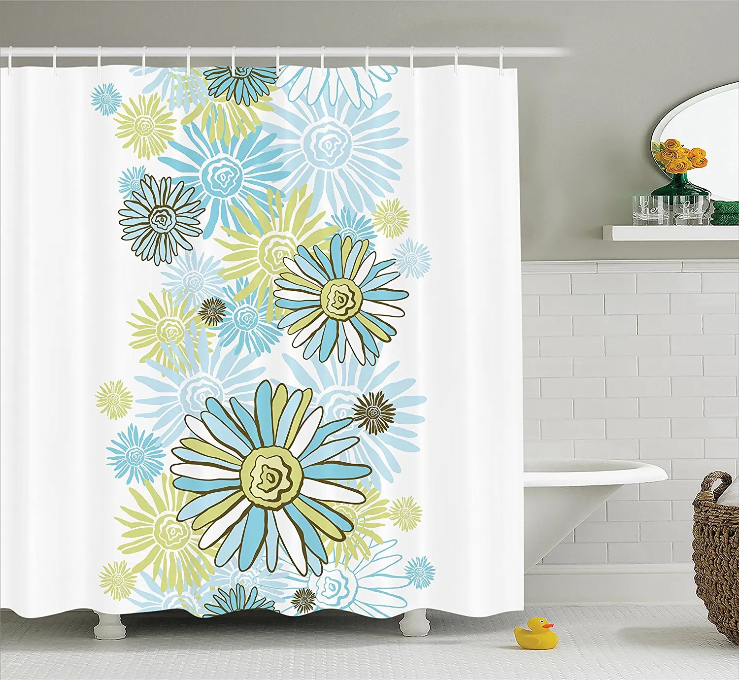 Turquoise Decor Shower Curtain Set Chamomiles Flower Blossom Blooms