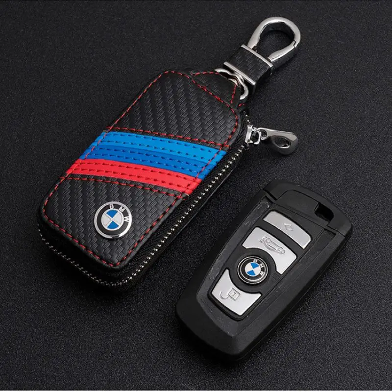 

New BMW car logo carbon fiber leather keychain key case Y-237