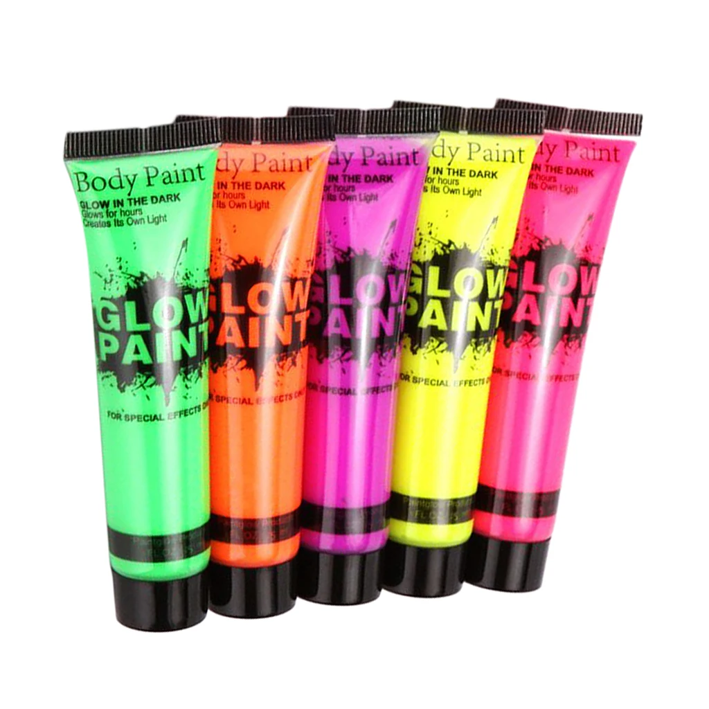 

5 Colors Non-toxic Glow in The Dark Neon Paints for Face & Body Painting Easy Removed for Stage Makeup Halloween Party