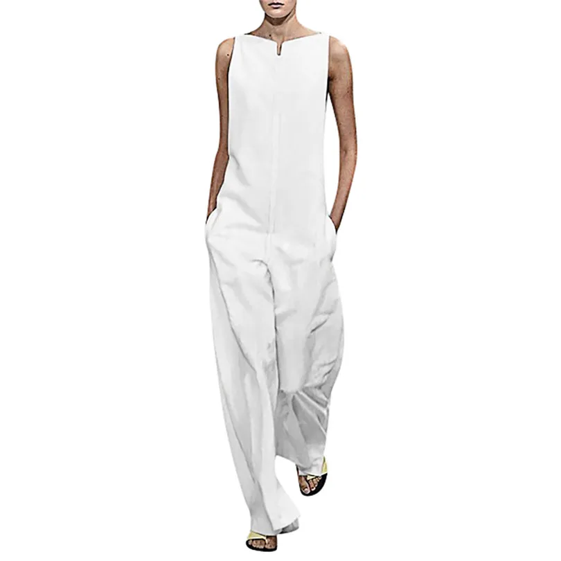 Ladies Fashion Solid Color Loose Jumpsuit Summer Plus Size Cotton Casual Sleeveles Black Rompers Jumpsuits Feminino 40APR913