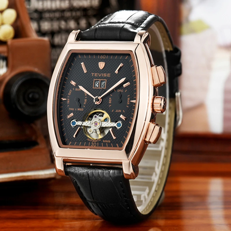 Cena TEVISE zegarek męski automatyczny Tonneau Dial Steampunk Tourbillon zegarki mechaniczny własny wiatr skórzany kalendarz zegarki na rękę 8383B