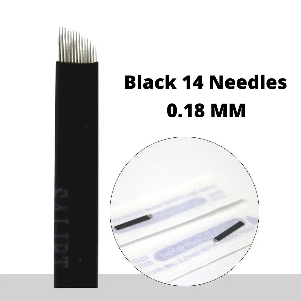 

50pcs Microblading Needles 0.18mm Bevel 14 Pins Manual Line Eyebrow Tattoo Needles Permanent Makeup Needles Microblade Black