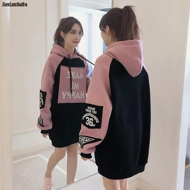 US $12.60 Autumn Winter Clothes Casual Fleece Loose Long Sleeve Patchwork Long Pullover Dropship Hooded Hoodi