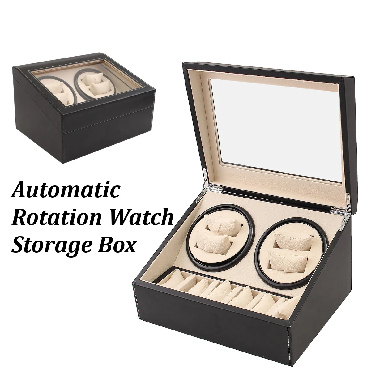 

6+4 Automatic Mechanical Watch Winders Black PU Leather Storage Box Collection Double Watch Display Jewelry Winder Box US Plug