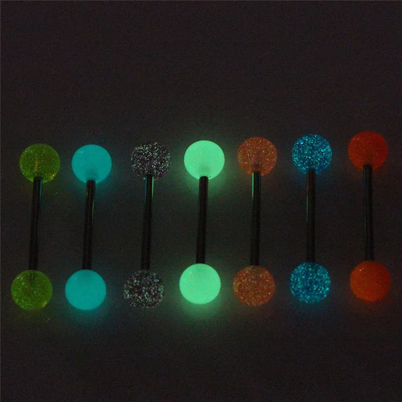 7PCS/Set Body Piercing Jewelry Luminous Glow Acrylic Tongue Rings Nose Barbell Bars