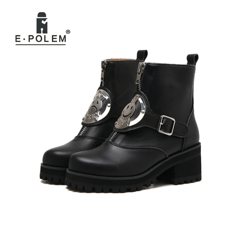 

Harajuku Punk Smile Face Thick Soles Boots Female Genuine Leather Muffin Thick Heel Zipper Short Boots Women's High Upper