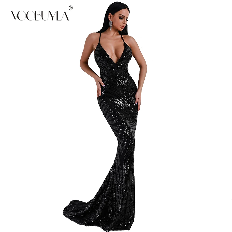 

Voobuyla 2019 Sexy V neck Elegant Striped Backless Women Dresses Fashion Female Sequin Bodycon Maxi Party Club Dress Vestidos