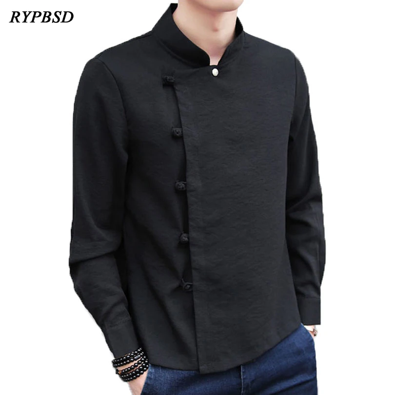 Chinese Traditional Spring Black Shirts Men Long Sleeve Kung Fu Shits