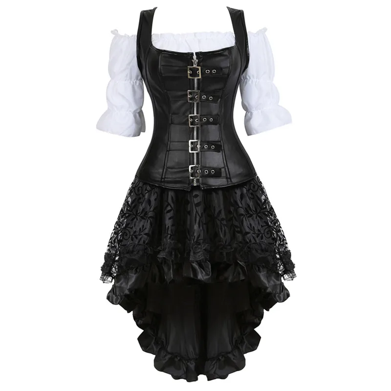 Steampunk Corset Dress for Women Three-piece Leather Corset with Skirt and Renaissance Shirt Gothic Pirate Costume Plus Size