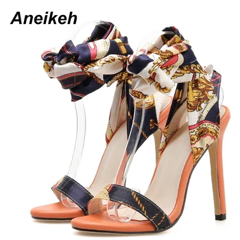 

Aneikeh 2019 PU Basic Sandals Women Ribbon Fashion Lace Up Thin High Heel Round Toe Women Shoes Party Orange Party Dance Size 40