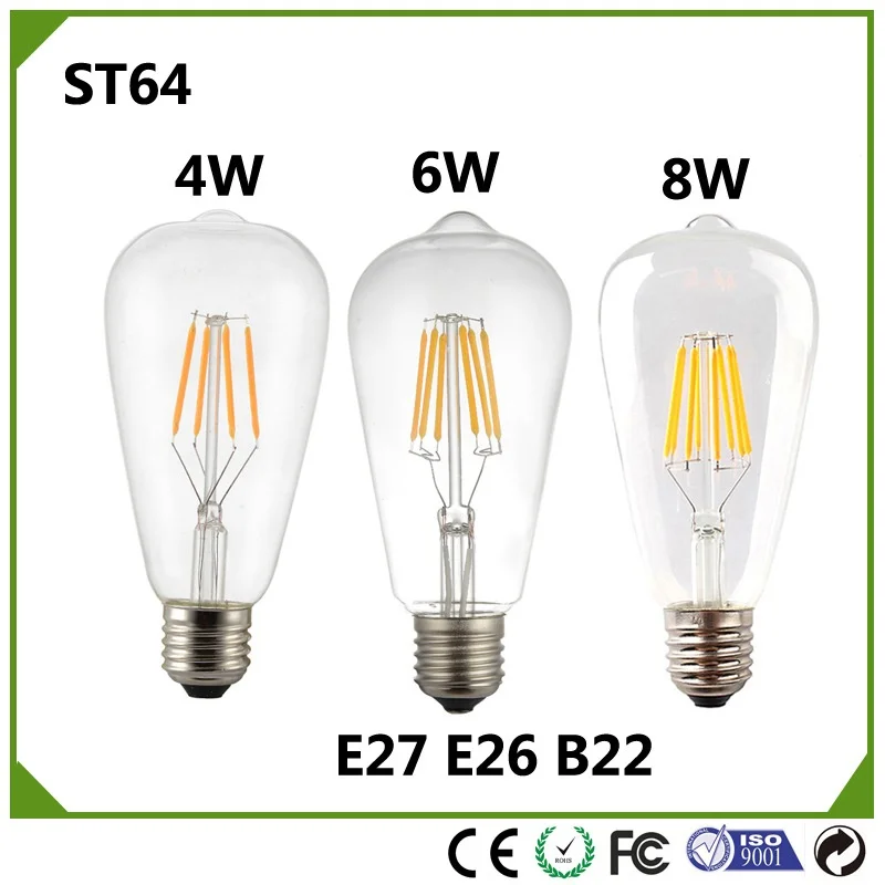 

10pcs/lot E27 ST64 Filament LED Bulb Light Vintage lamp 4W 6w 8W dimmable ST21 Filament warm white cold white 110V 230V