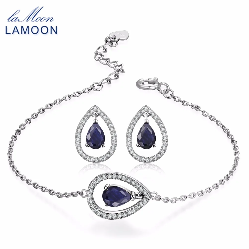 

LAMOON 100% 925 Sterling Silver 2PCS Jewellery Sets Natural Sapphire Gemstones S925 Fine Jewelry For Women Wedding Gift V040-6
