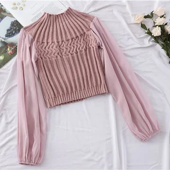 

Fashion Long Sleeve Chiffon Womens Blouses Feminina Casual Knitted Patchwork Blouse Crop blusas mujer de moda 2019