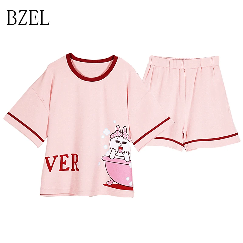 

BZEL Pink Pajamas Set Women Casual Lounge Set Sleepwear Short Pants Short Sleeve Pyjama Femme Girls Summer Homewear Big Yard XXL