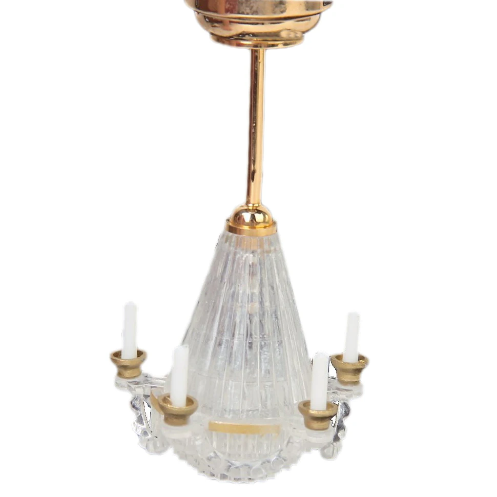 

1/12 Dollhouse Miniatures Lichtstativ Five False Transparent Candle LED Pendant Lights Lamp Golden Crystal Shade Pendant Light
